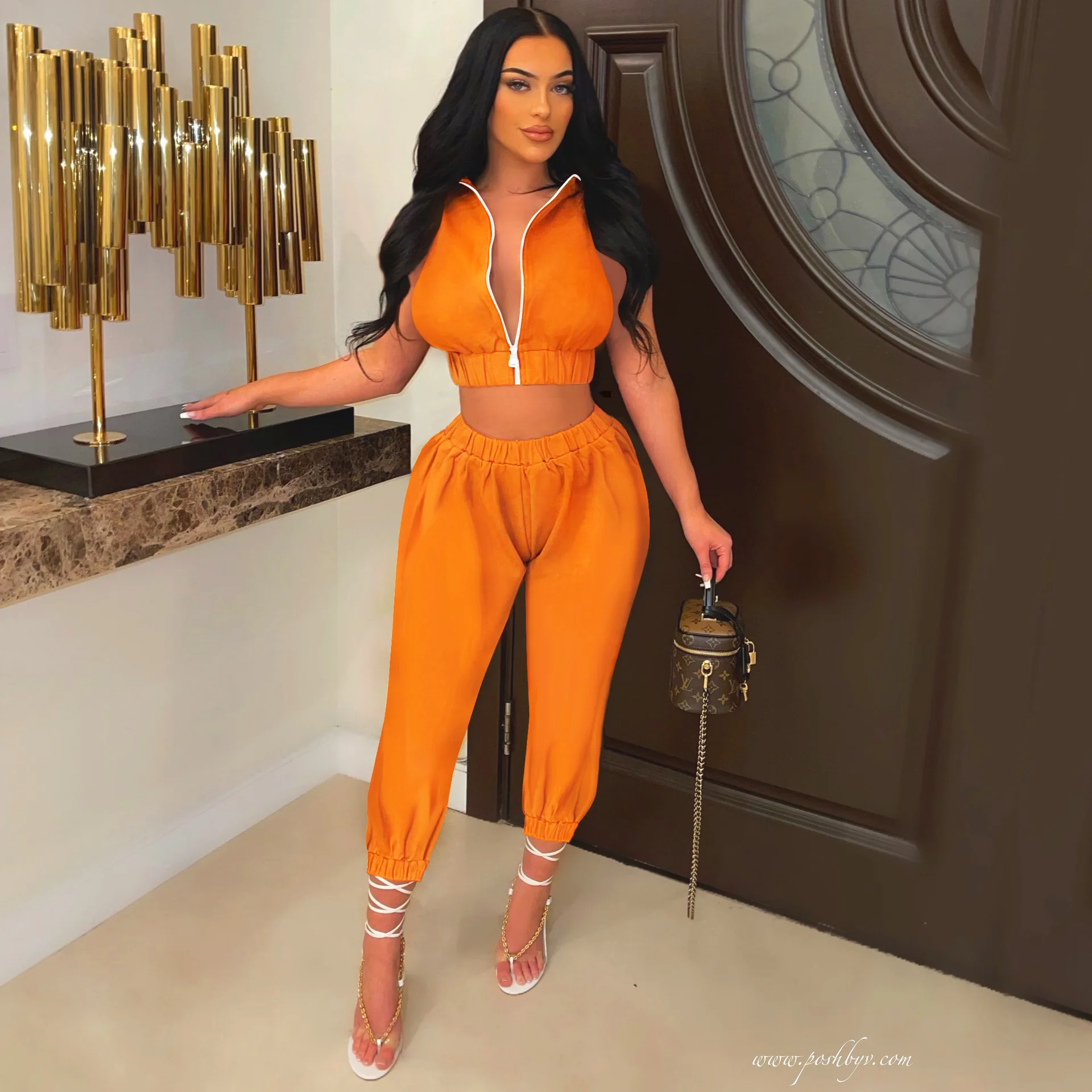 

2022 Spring Women's New Turn-down Collar Zipper Crop And Mid-Waist Pencil Pants Casual Personalized Fitness Sporty Two-Piece Set