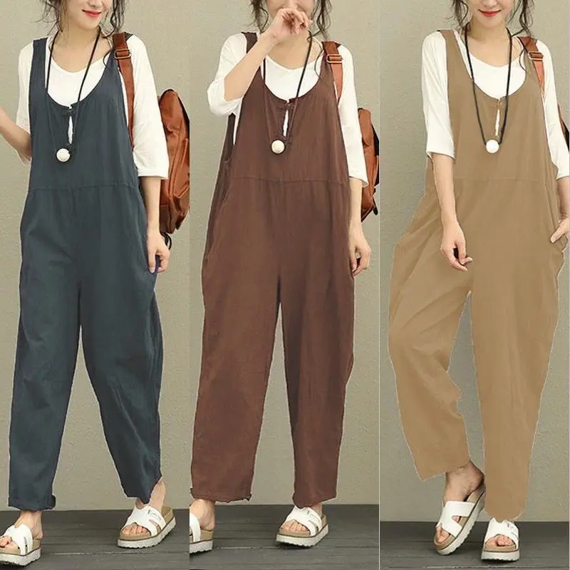 

Womens Sleeveless Dungarees Rompers Losse Cotton Overall Jumpsuit Women Preppy Style Overalls Long Pants Casual Pocket Playsuits