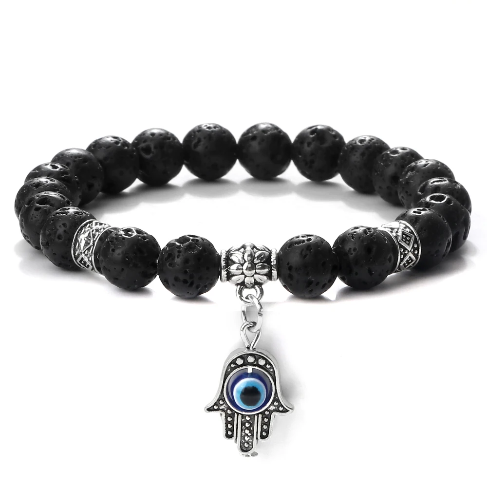 

New Fatima Hand With Turkish Evil eye Bracelets 8mm Natural Lava Stone Beads Charm Men Bracelets Couples Friendship Jewelry Gift