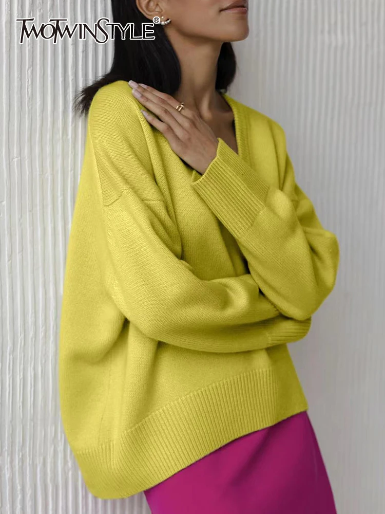 

TWOTWINSTYLE Loose Knitting Sweater For Women V Neck Long Sleeve Solid Minimalist Casual Pullover Female Fashion Clothing 2022