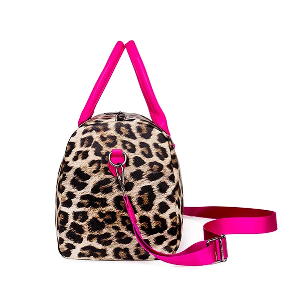 New Fashion Leopard Print Women Duffle Bag Cheetah Animal pattern Travel Handbag for Lady Girl shoulder bag With Hot pink Handle