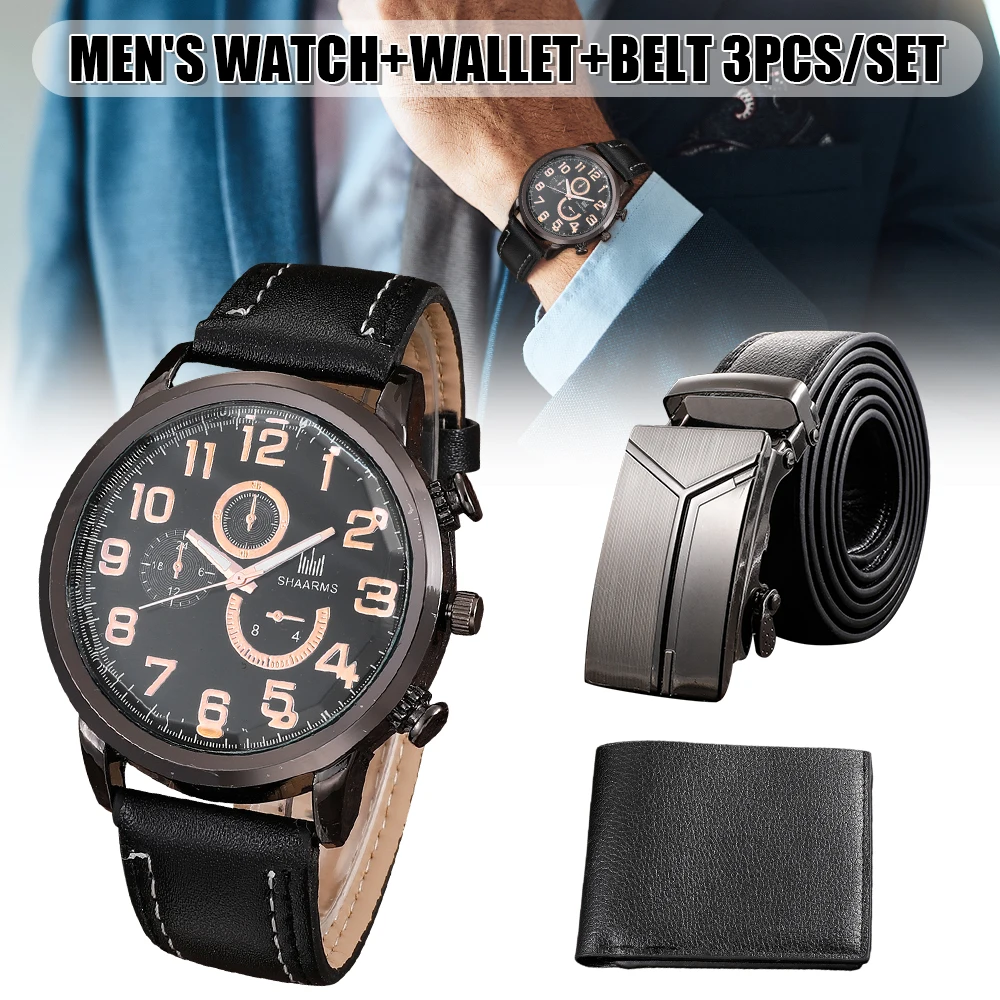 

Men's Watch+Wallet+Belt Set Male's Gift for Father's Day Birthday Gift 3pcs/set for Dad Boyfriend Good-looking PU Strap SAL99