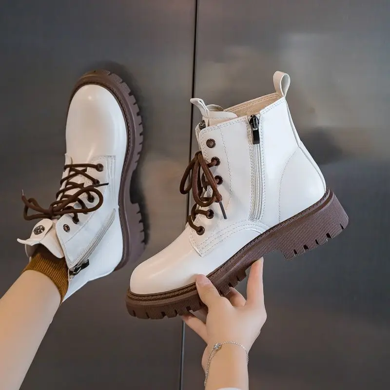 British style women's boots 2022 women's short shoes brown gray thick-soled autumn and winter rubber fashion lace-up nude boots