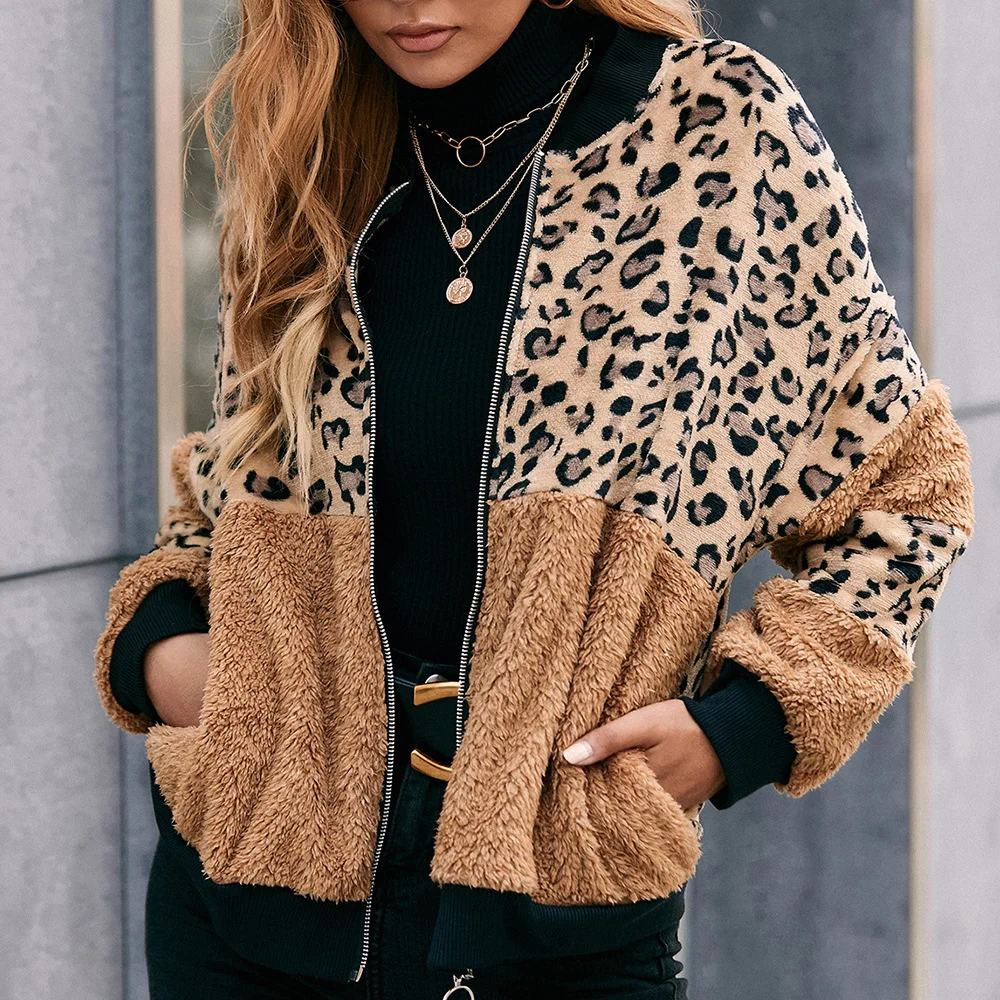 

Autumn and Winter Leopard Print Panels, Plush Zip Jacket, Loose Sweatshirt Jacket Women knitted cardigan sweater mujer