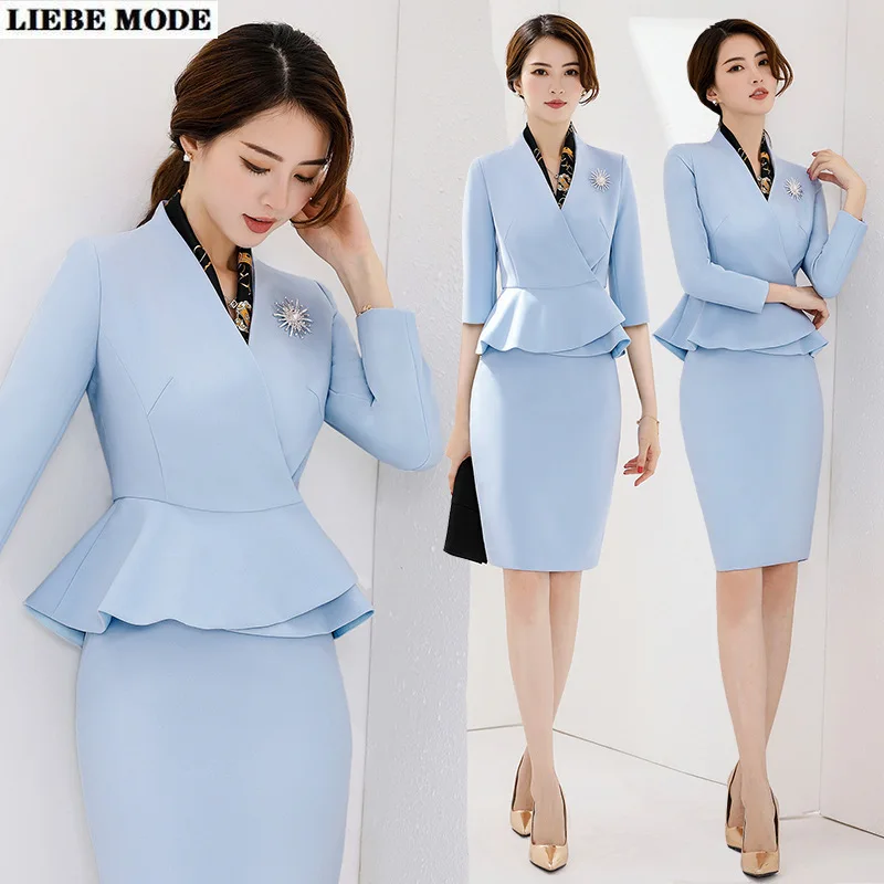 Office Uniform Designs Ruffle Blazer and Skirt Set Korean Style Formal Suit for Women Business Blue White Skirt Suit Work Wear