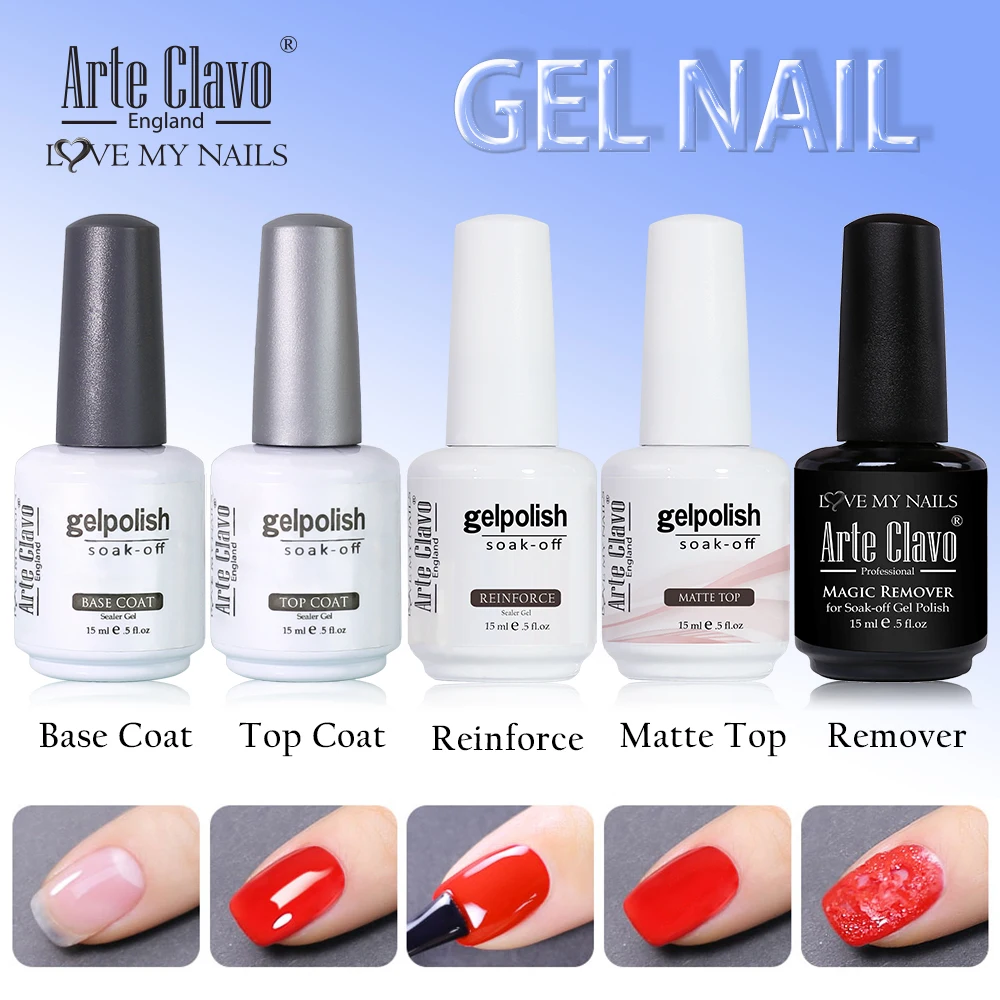 

ArteClavo 15ml No Wipe Top Coat UV Base Coat Gel Varnish LED Nail Gel Polish Soak Off Matte Top Coat Reinforce Gel Magic Remover