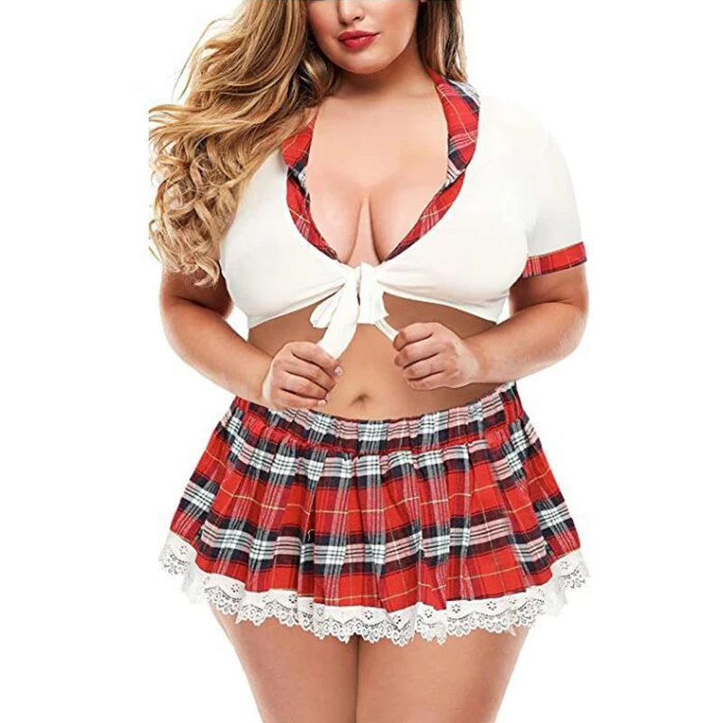 

Sexy Plus Size Student Costumes Red Plaid Lace Set Women Cosplay Schoolgirl Lingerie Roleplay Lingerie Set School Girl Uniform