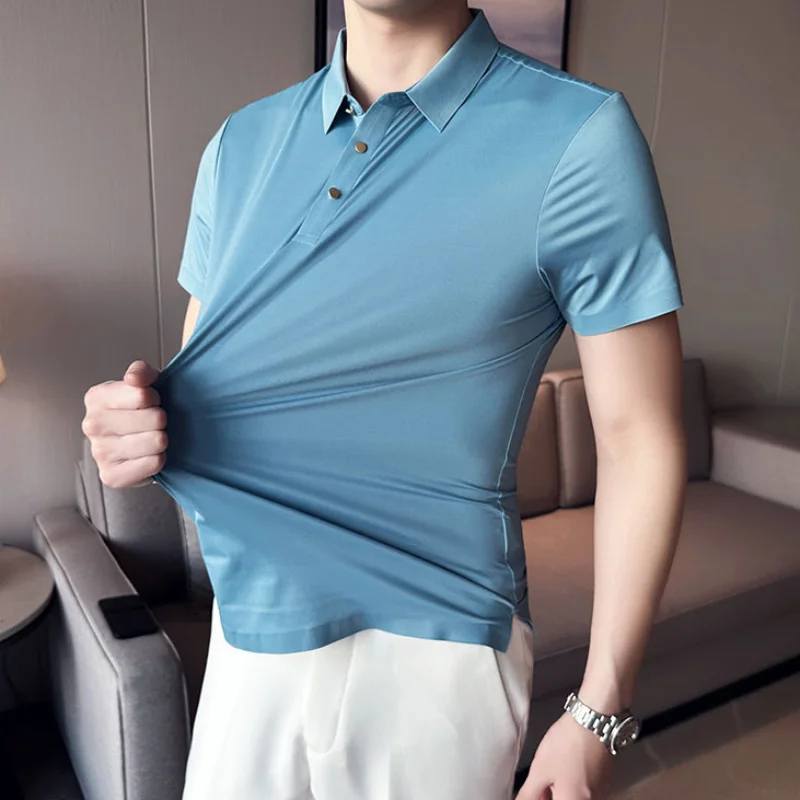 

Высокоэластичные мужские Бесшовные рубашки-поло, летние однотонные деловые строгие мужские футболки для гольфа с коротким рукавом, размеры до 4XL