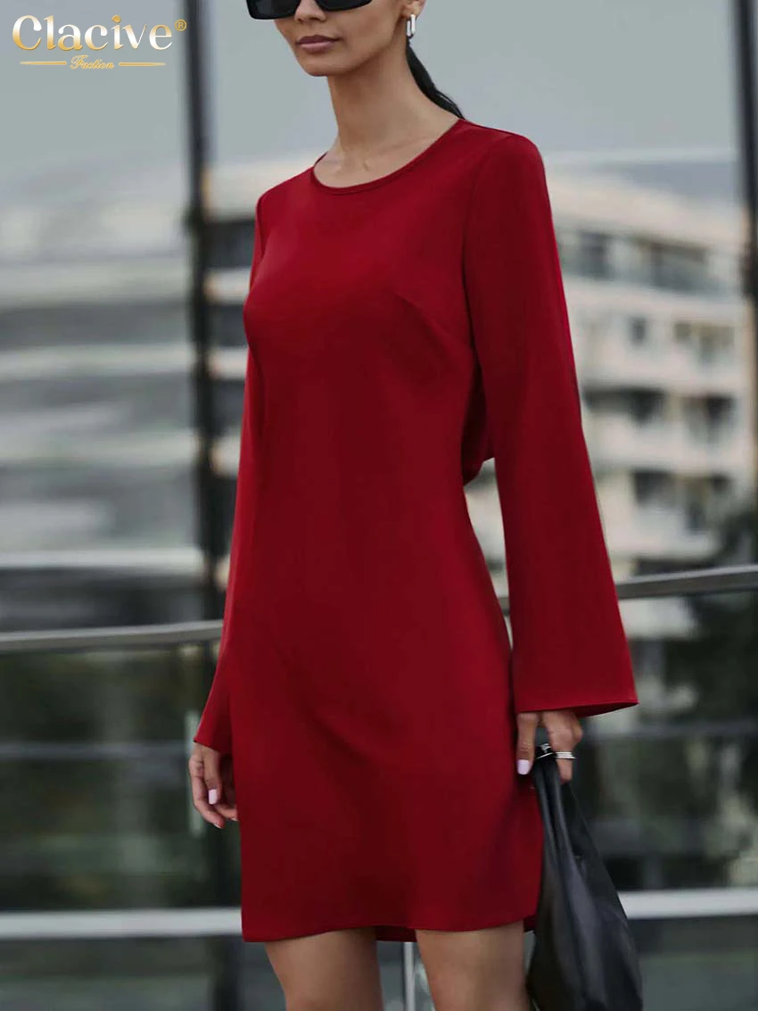 

Clacive Casual Red Satin Autumn Dresses Woman 2022 Fashion O-Neck Long Sleeve Mini Dress Elegant Bodycon Simple Female Dress