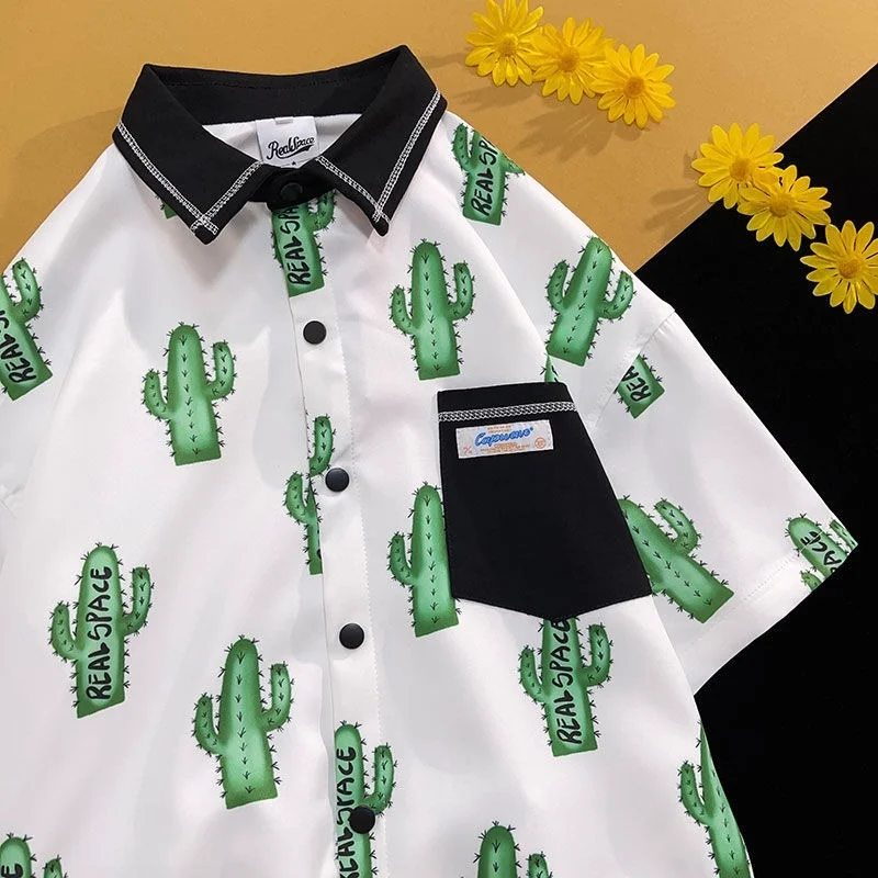 

Preppy Men Women Summer Beach Y2K Goth Cactus Cute Button Up Shirt Korean Fashion Unisex POLO T Shirts Blouses Coats Kawaii Tops