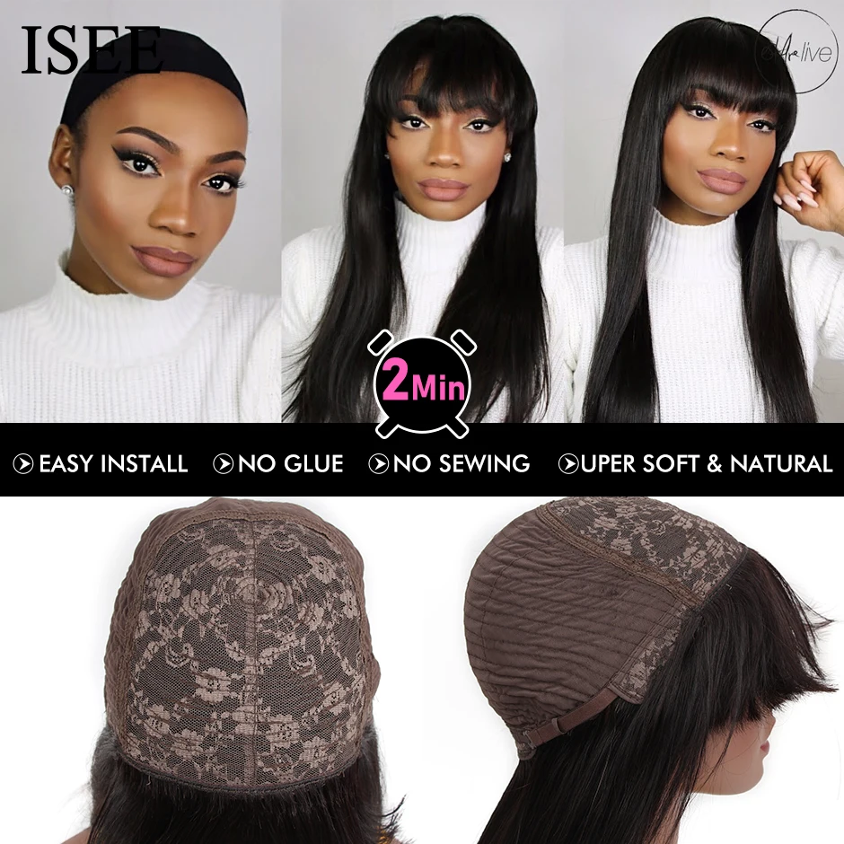 ISEEHAIR аппарат для пришивания волос, парик из натуральных волос, прямой малайзийский парик с челкой, натуральный цвет для женщин, парики без к... (art.: 3a39f850bda) - 3a39f850bda