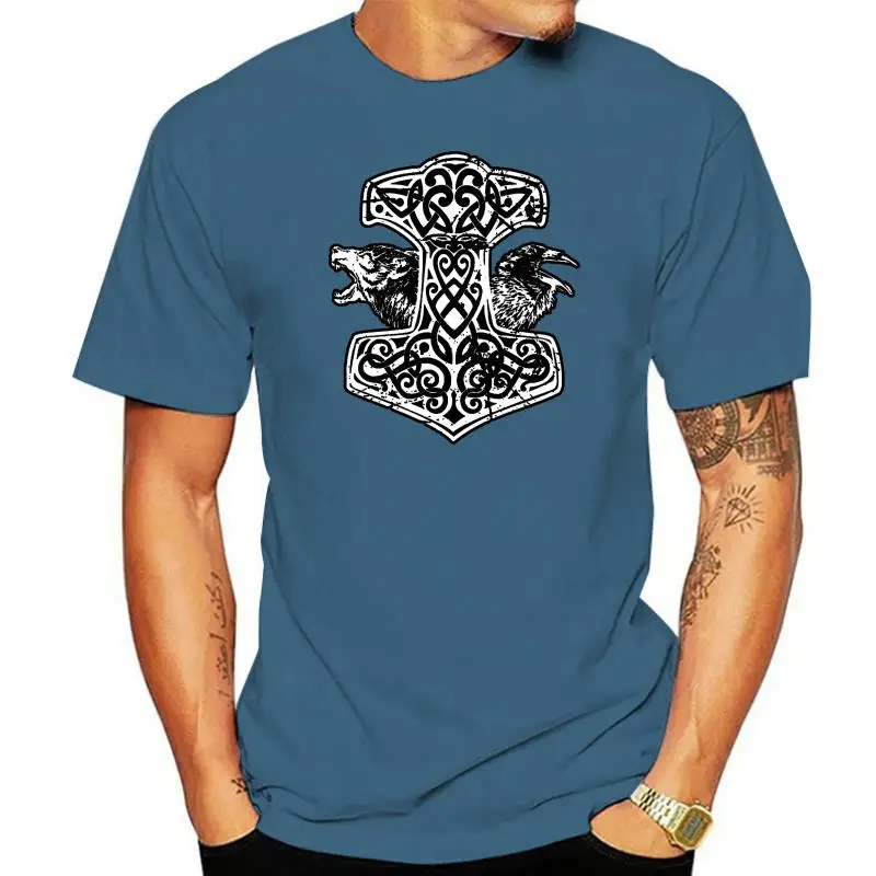 

Men t shirt Viking Thor's Hammer With Wolf And Raven -Black Version Women t-shirt