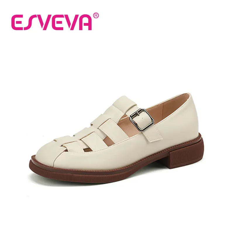 

ESVEVA 2022 Cut Outs Sandal Flat Heel Fashion Female Shoes Round Toe Vintage Style Platform Women Pumps Big Size 34-39