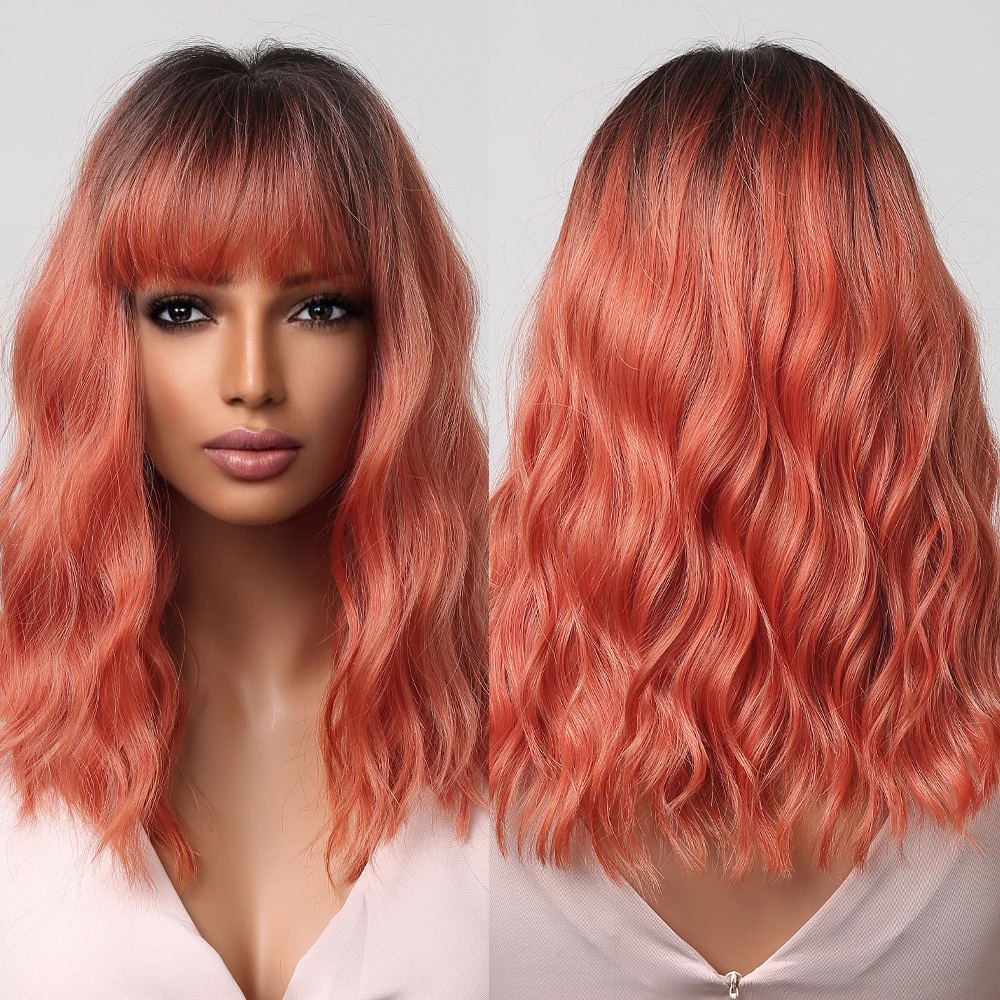 

Short Wavy Synthetic Wigs Orange Red Ombre Bob Wigs With Bangs for Women Party Daily Natural Hair Wig High Temperature