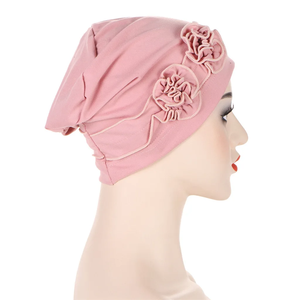 

Two Flower Decro Turban Cap Beanies For Women Muslim Hijab Soft Head Cover Ladies India Cap Bandanas Hair Loss Cancer Chemo Cap