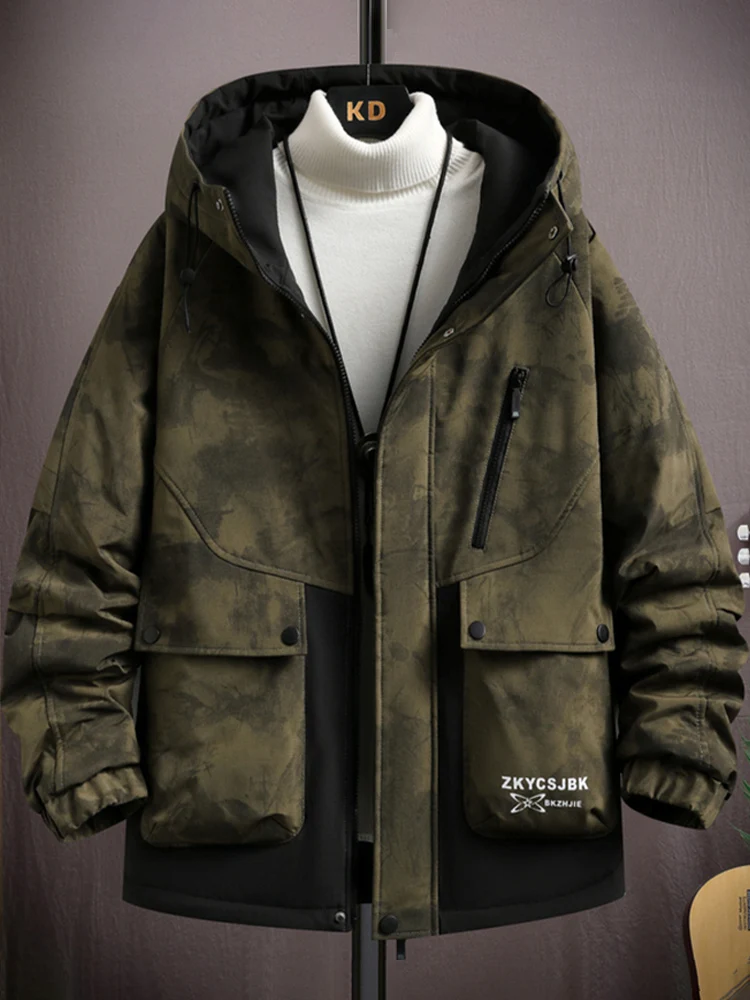 Cargo Outerwear Men's Autumn and Winter Fleece-lined Thickened Hood Cotton-padded jacket Jacket Ruoshuai Tie-dye Warm W...