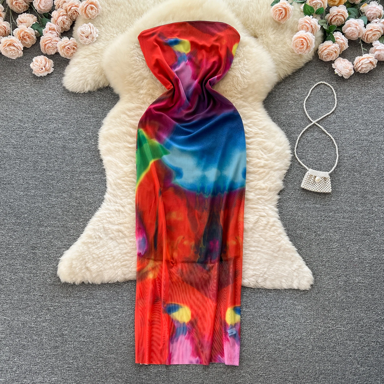 

Sexy Strapless Tie Dye Print Evening Dress Korean Fashion Slim Hip Wrap Dress Elegant Club Vestido Summer Women Backless Dress