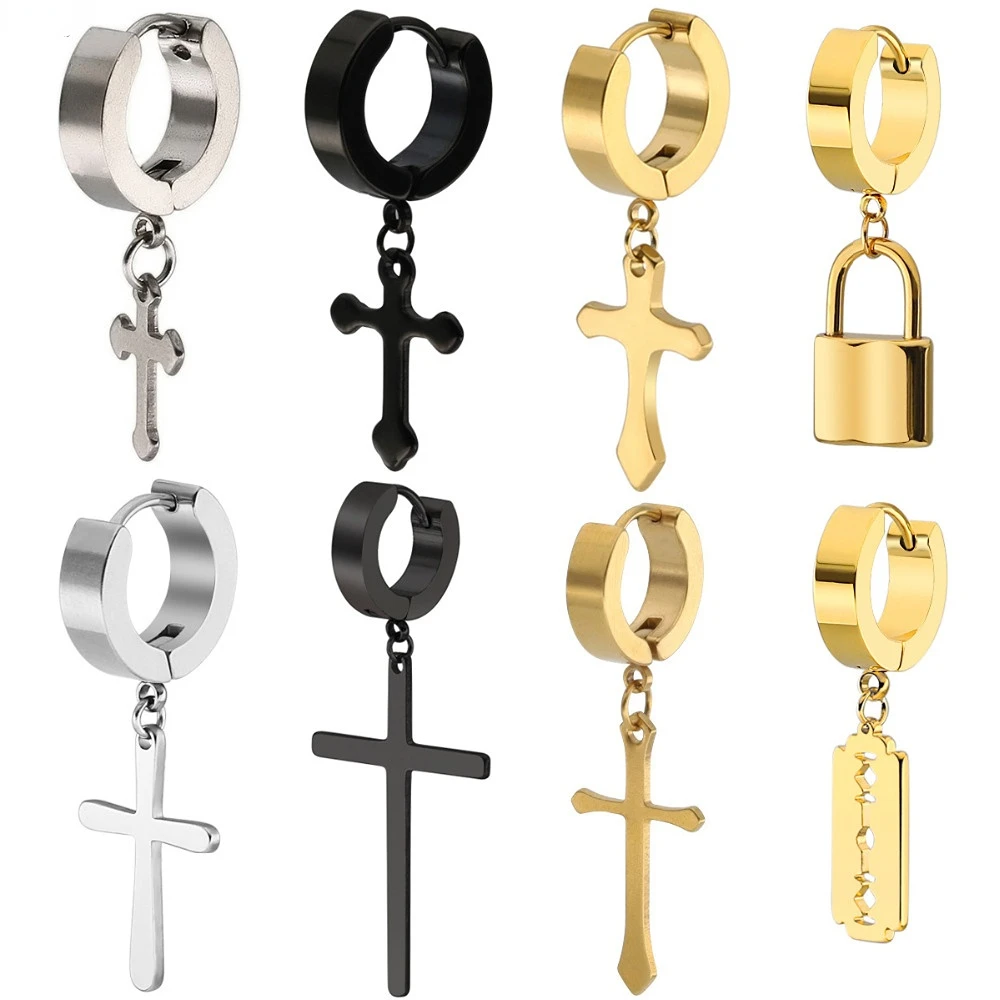 

OOCYSPOO 2pcs Stainless Steel Lock Cross Pendant Drop Huggie Earrings Women Men Unisex Jewelry Punk Cartilage Dangle Earrings