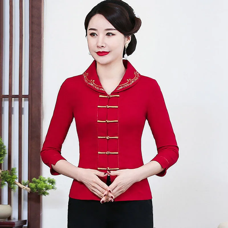 

Cheongsam Women's Plus Size Tops 2023 Spring Fashion Cotton Blend Traditional Chinese Style Red Tang Costume Qipao Shirts Woman