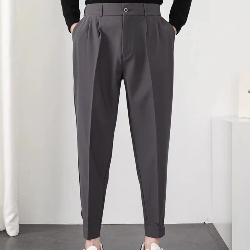 

2023 New Brand Summer Ankle Length Pants Men Stretch Business Suit Classic Black Grey Korea Straigh Casual Formal Trousers Male