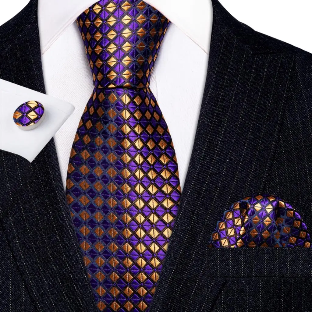 

Designer Silk Gold Plaid Tie for Mens Necktie Pocket Square Cufflinks Set Wedding Business Party Gift Corbatas Barry·Wang 6340