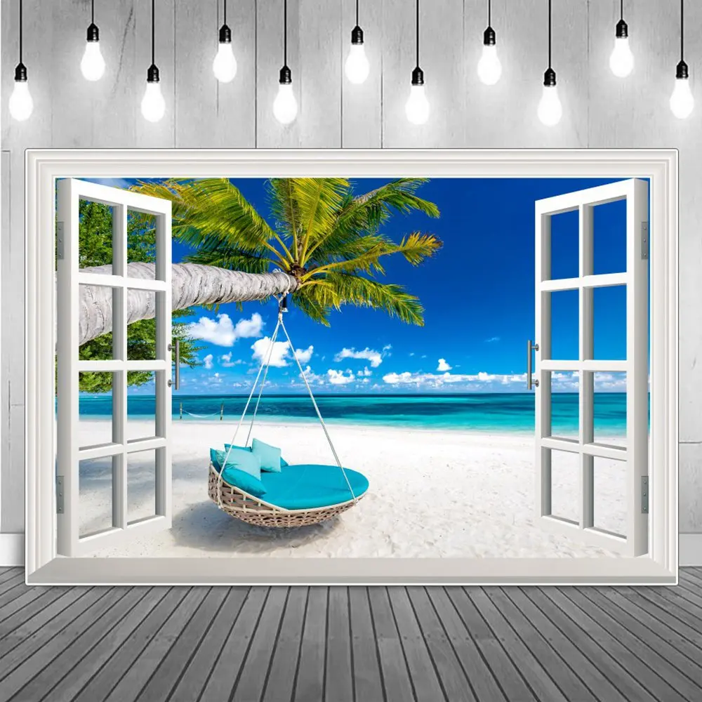 

Beach Cot Holiday Photography Backdrops Birthday Decoration Tropical Ocean Palm Trees Swing Aquarium Window Photo Backgrounds