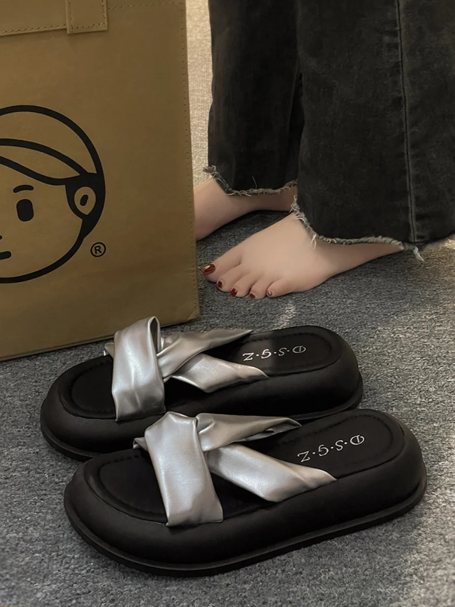 

Female Shoes Slippers Flat Platform Slides Med 2023 Summer Cotton Fabric Rome PU Retro Shoes House Slippers Platform Slides Slip