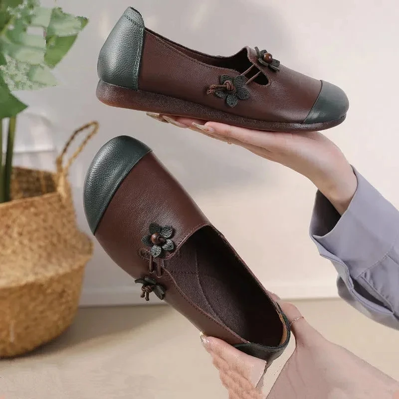 National Style Flower Retror Women Flats Brown Ladies Spring  Autumn Wide Feet Elderly Comfortable Non-slip Soft Sole Flat Shoes