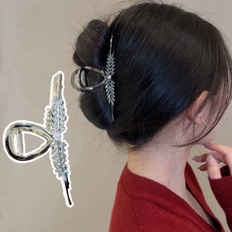

Wheat Spike Metal Hair Claw Geometric DIY Shiny Rhinestones Big Shark Clip Large Size Fashion Pearl Alloy Cross Hair Clip