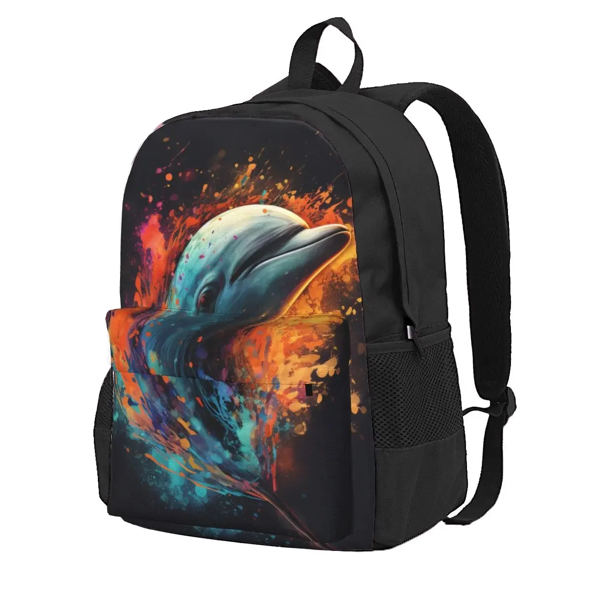 

Рюкзак для мальчиков и девочек с изображением дельфина, с головой животного, с разноцветным рисунком пламени, уличная одежда, качественные ранцы для старших классов