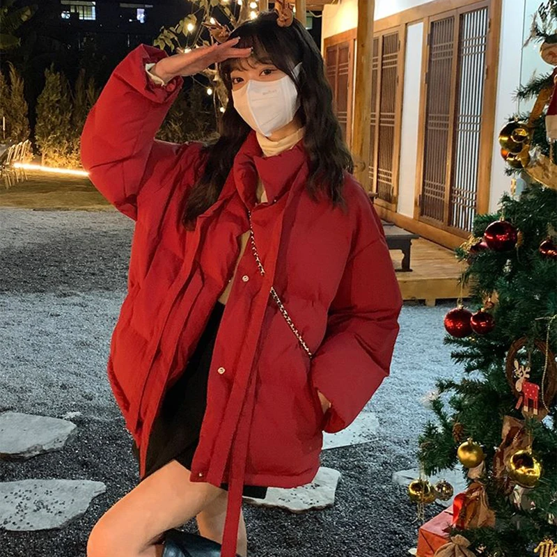 Kawaii Winter Puffer Jacket Women 2022 Elegant Sweet Japanese Thickened Bow Bread Lace Up Padded Jacket For Woman