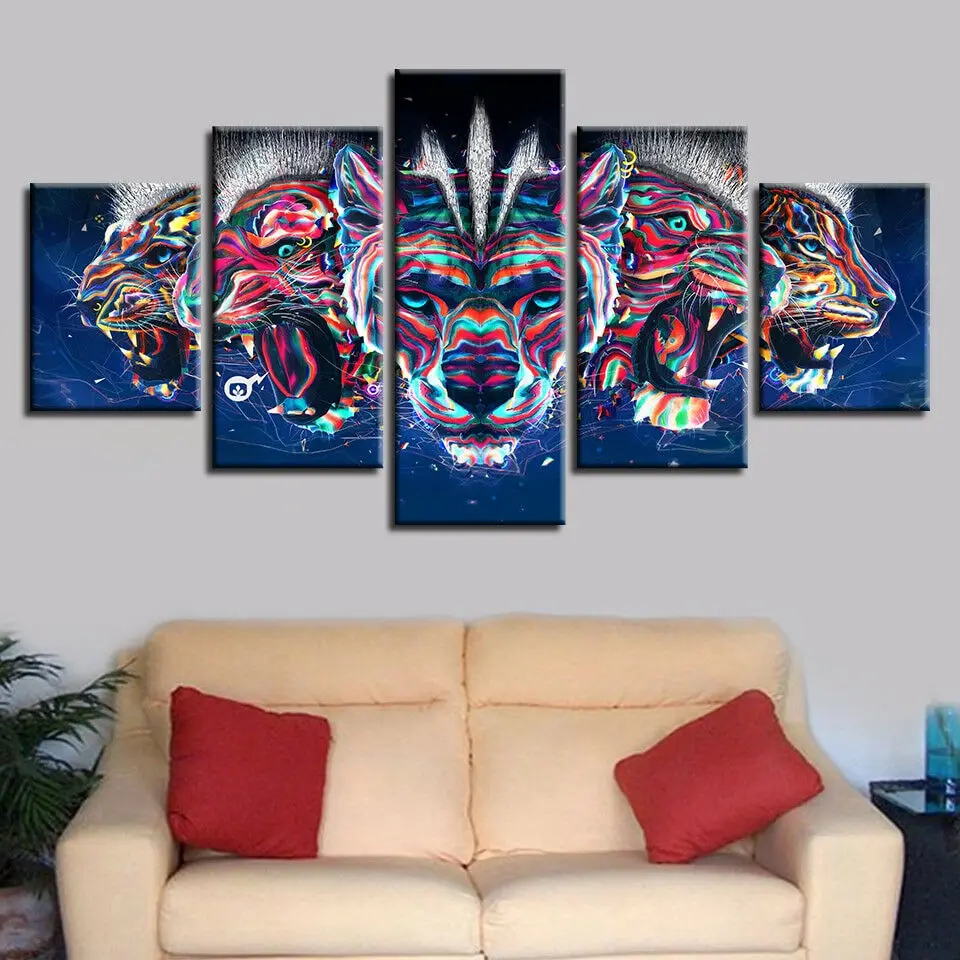 

Psychedelic Animal Head Lion Painting 5 Panel Canvas Print Wall Art Home Decor HD Print Pictures Poster No Framed 5 Piece