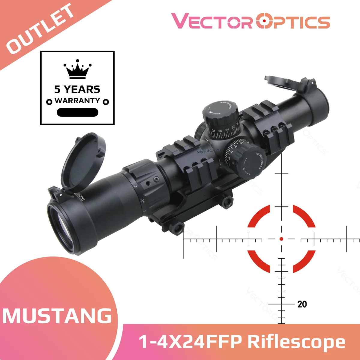 

Vector Optics Mustang 1-4x24FFP Riflescope Edge-to-Edge Crystal Clear Image With Turret Lock Feature 6 Levels Illumination