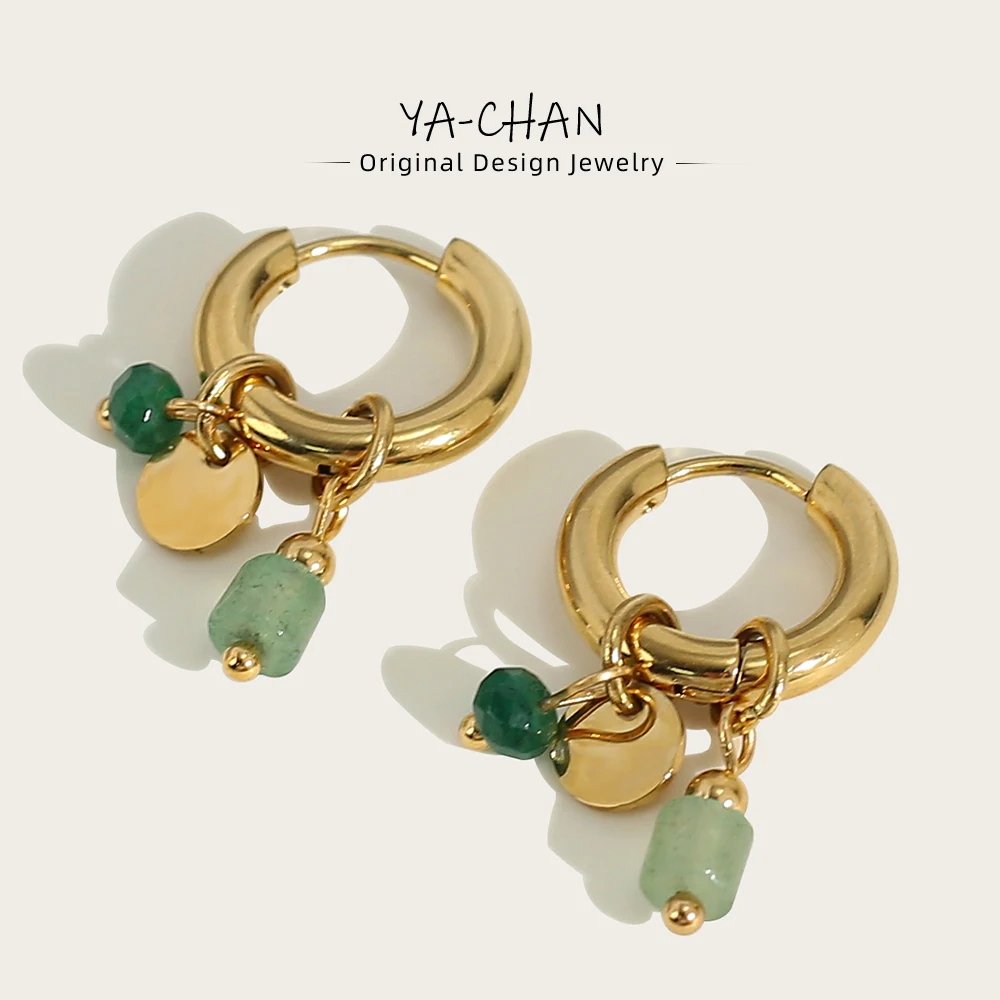 YACHAN 18K plaqué or acier inoxydable Hoop boucles d'oreilles femmes rétro vert pierre naturelle charme mode bijoux imperméables