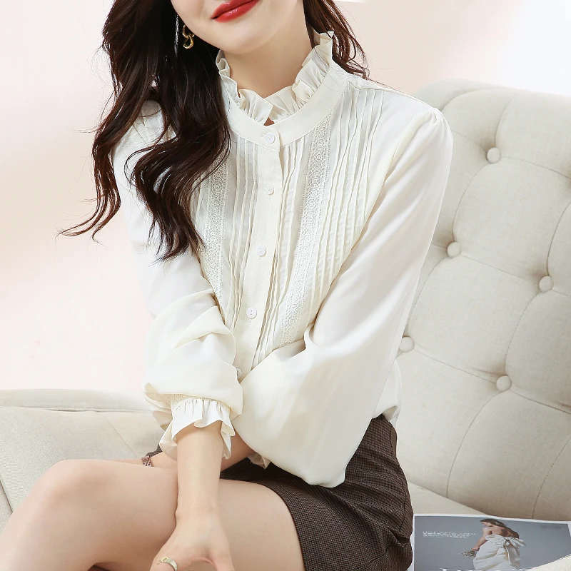 

Modest Chic Ruffle Blouses Elegant Loose Youth Woman Shirts Casual Pleated Clothing Female Trendy Long Sleeve Tops Blusas 24487