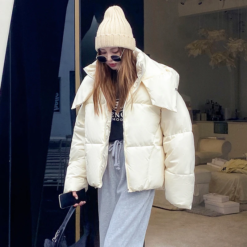 Short Hooded Coat Thick Warm Winter Jacket Women Casual Loose Stand Collar Oversize Outerwear Fmeale Solid Parka