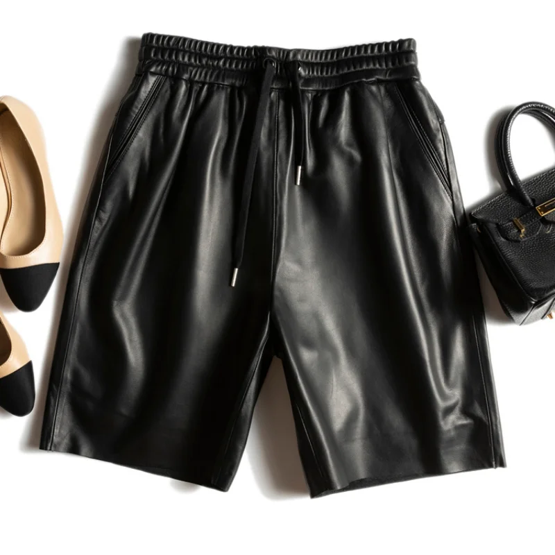 

Женские прямые брюки из натуральной овечьей кожи, пятиконечные брюки с эластичной талией, брюки средней длины, повседневные однотонные женские Капри, FCY