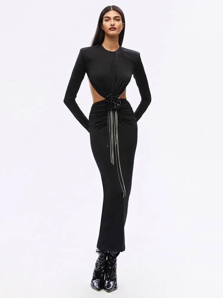 Runway Designer Fashion Women Black Long Sleeve Cut Out Flower Ankle Length Cotton Dress Black Celebrity Evening Party Gowns