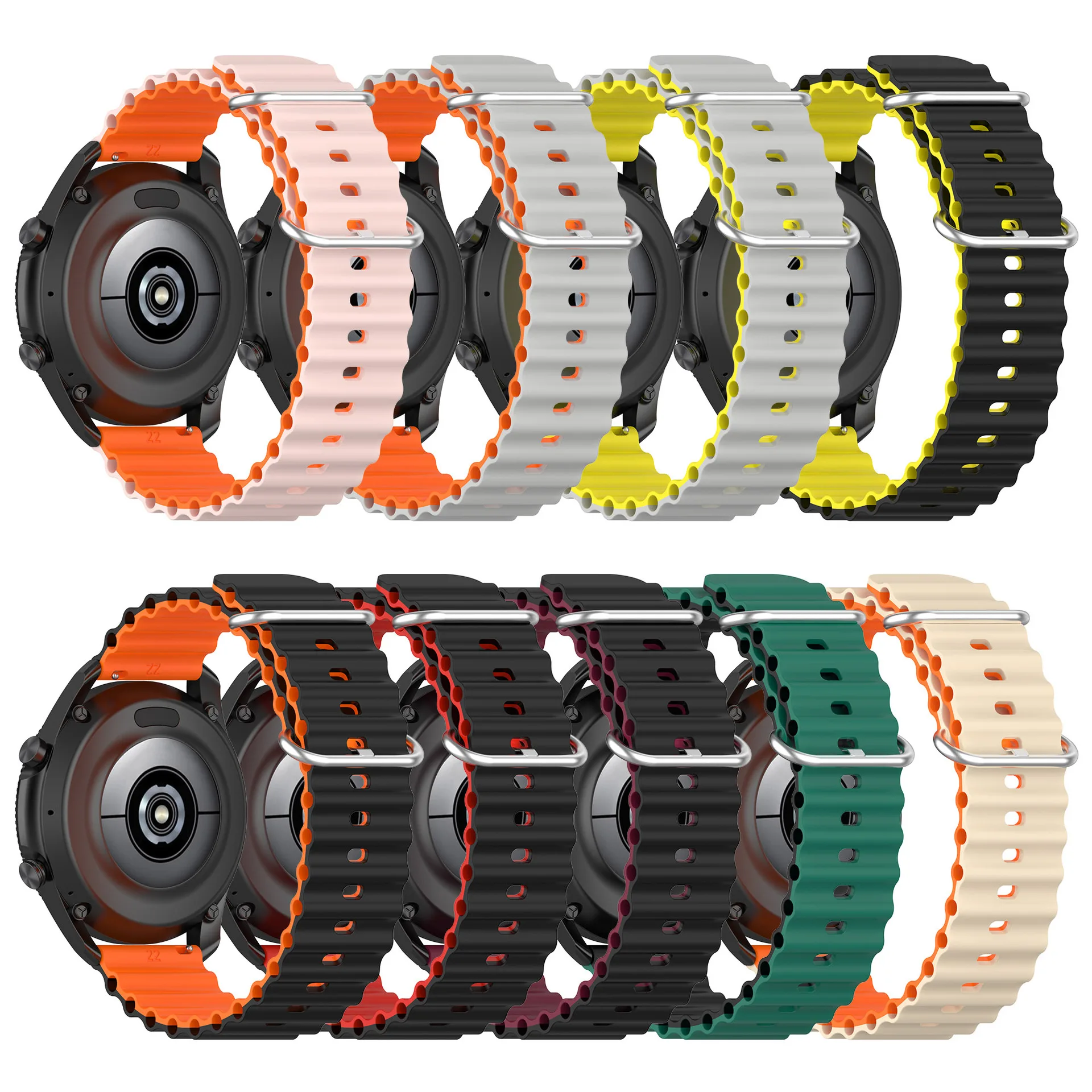 

Applicable To Samsung Watch5/Huawei Gt Double-button Marine Wavy Silicone Strap 20 22mm Universal Silicone Strap