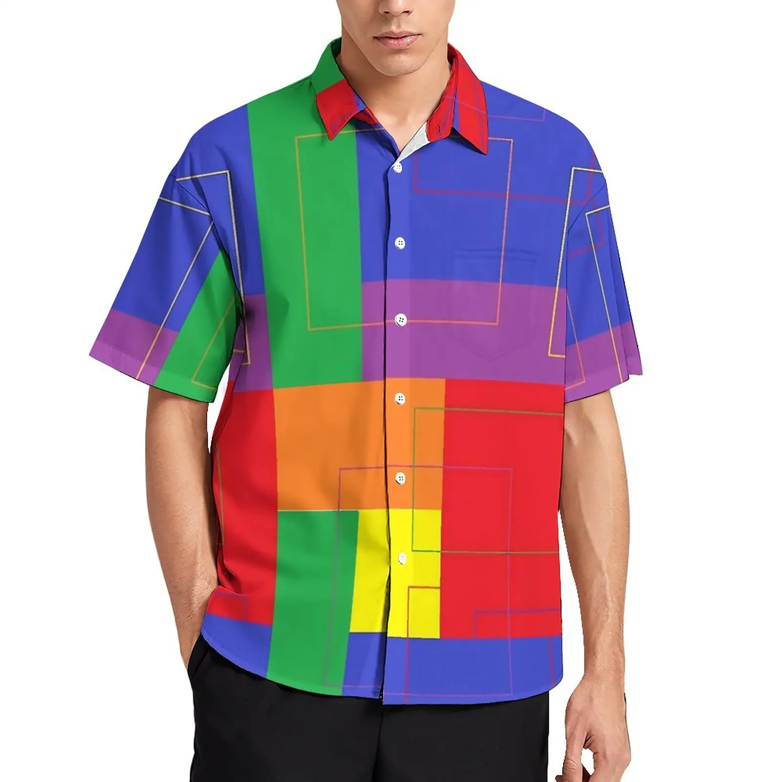 

Colorblock Print Casual Shirt Geometry Vacation Loose Shirt Hawaiian Novelty Blouses Short-Sleeve Graphic Oversize Clothes