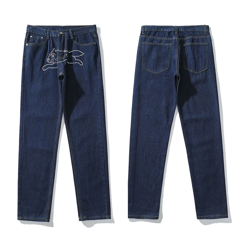 Men Retro High Street Oversize Dog Print Straight Loose Jeans Casual Denim Trousers Harajuku Washed Hip Hop Jean Pants pants