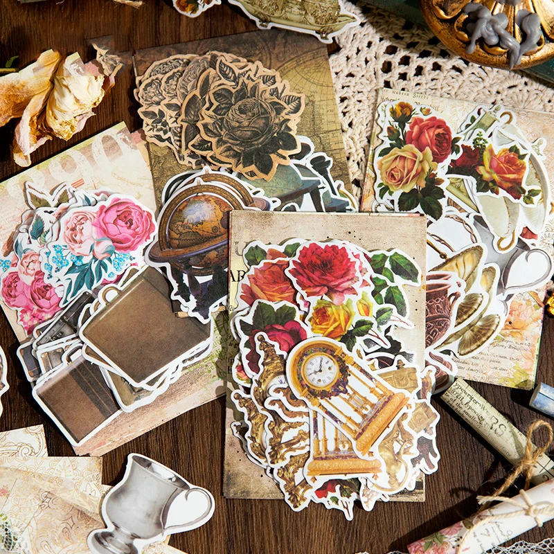 

Journamm 48pcs/pack Antique Sticker Floral Materials Paper Combo Kit DIY Scrapbooking Collage Junk Journal Aesthetics Stationery