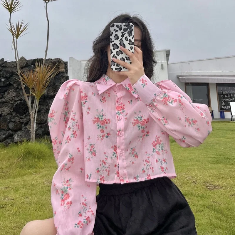 

DUOFAN Pink Floral Print Blouses Women Harajuku Puff Sleeve Beautiful Y2k Shirts Lady Korean 2023 Oversized Crop Tops Sweet Girl