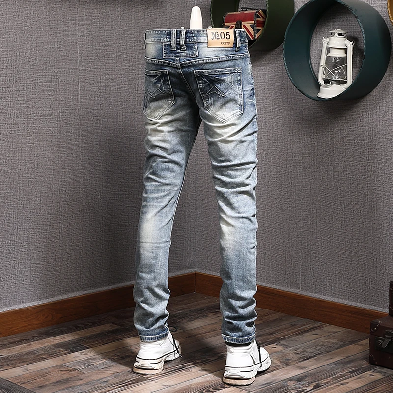 Fashion Designer Men Jeans High Quality Retro Blue Stretch Slim Fit Ripped Jeans Men Trousers Vintage Casual Denim Pants Hombre