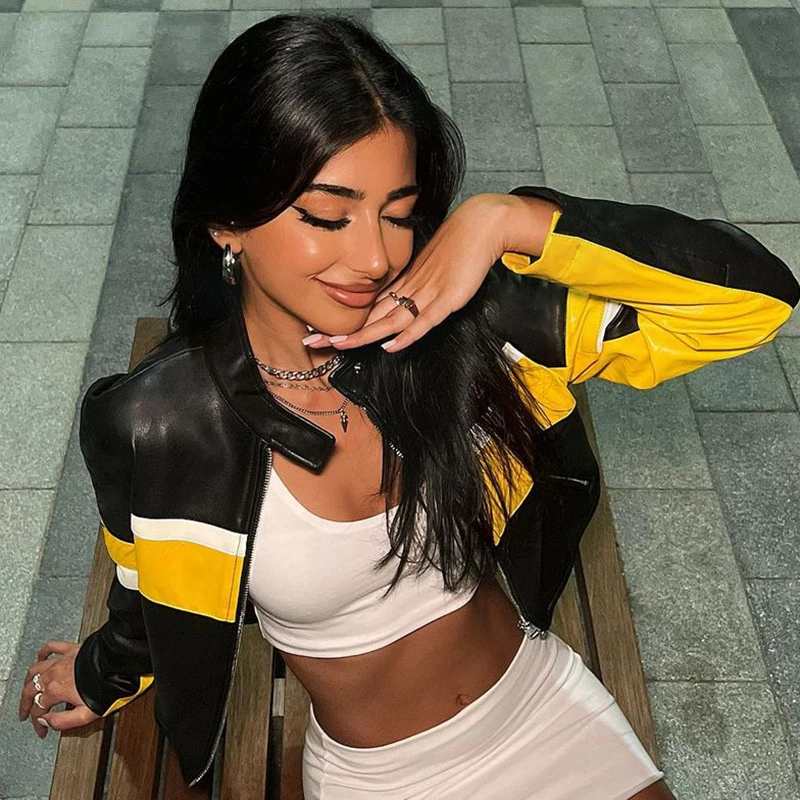 Прямые кожаные куртки CIBBAR в стиле пэчворк женские топы на молнии панк с длинными