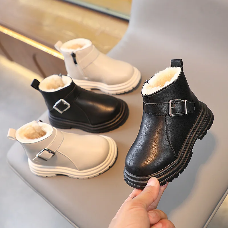 

Autumn and Winter Children Plus Plush Warm Boots British Style PU Leather Boots Kid's Fashion Large Cotton All-match Short Boots
