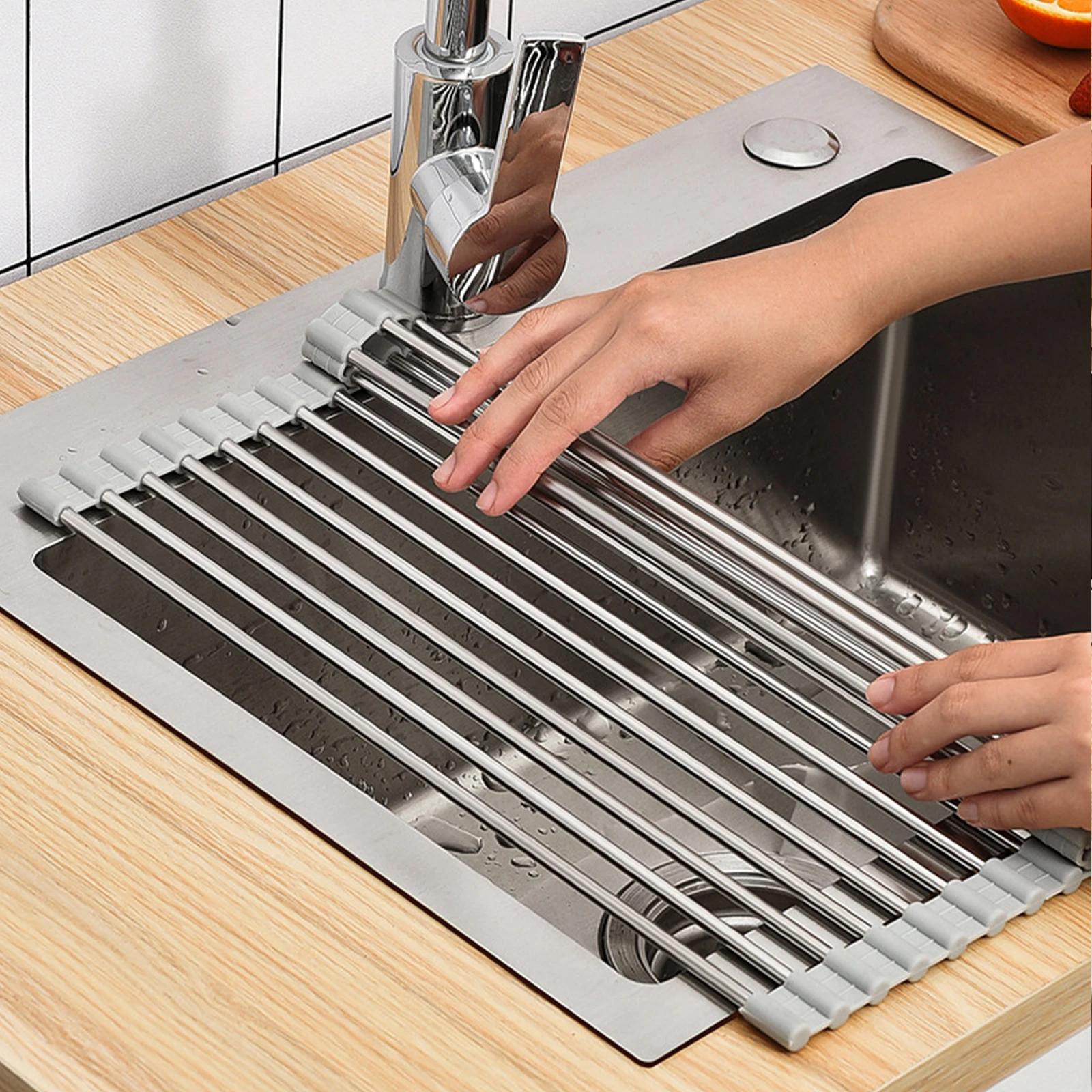 

Stainless Steel Silicone Kitchen Sink Drain Rack Folding Retractable Sink Fruits and Vegetable Drainage Rack Kitchen Accessories