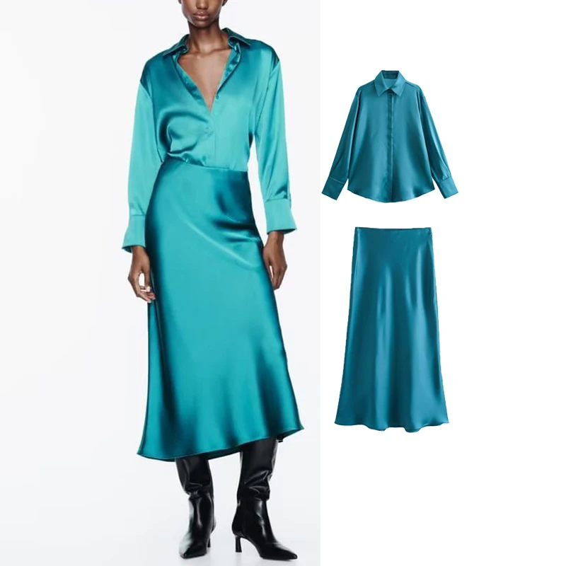 

TRAF Autumn Women Satin Midi Skirt Sets For Women 2 Pieces Long Sleeve Shirts Elegant Women Suits New Two Piece Women Outfit