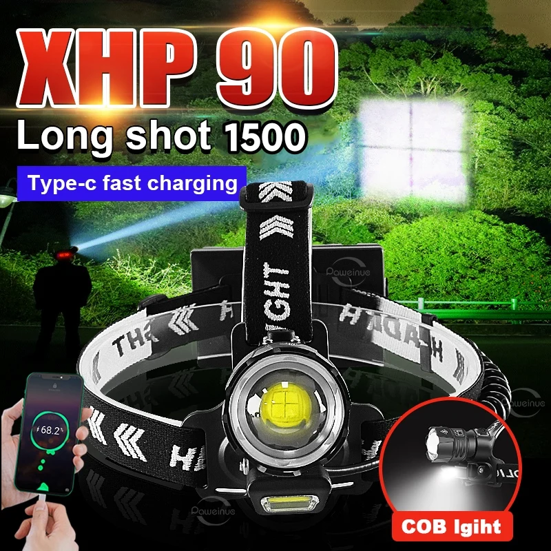 

Most Powerful USB Rechargeable Headlamp High Power XHP90 LED Headlight Outdoor Waterproof Lighting 8000LM Zoom Camping Head Lamp