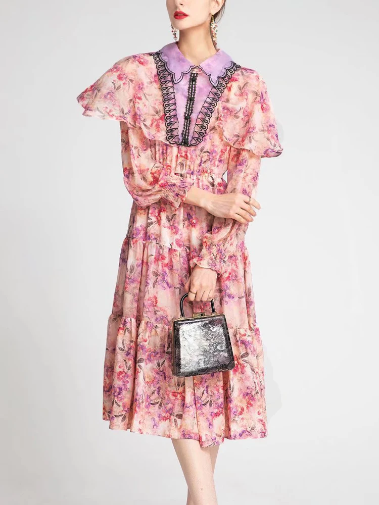 

Designer New High Quality Women's 2022 Spring Elegant Vintage Embroidered Print Chiffon Midi Dress Fashion Casual Party Dresses